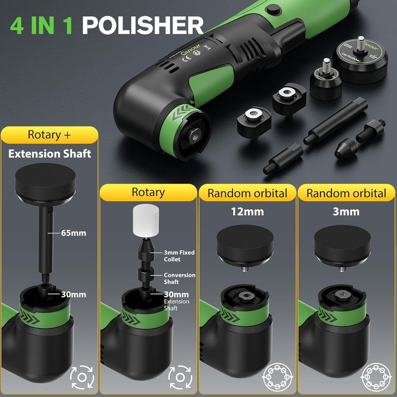 Ginour Store Cordless Mini Buffer Polisher for Car Detailing, 12V Mini Car Polisher Kit with 1"&1.2" Backing Plate,2X 2.0Ah Batteries and Accessories, RO/DA 6 Speeds for Polishing, Waxing, and Cleaning - Image 3